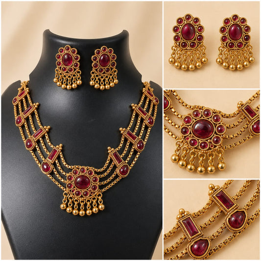 Ruby Red Triple-Strand Gold-Finish Choker Necklace*
