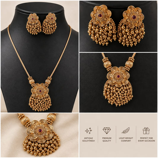 *Antique Gold Floral Beaded Pendant Necklace Set*
