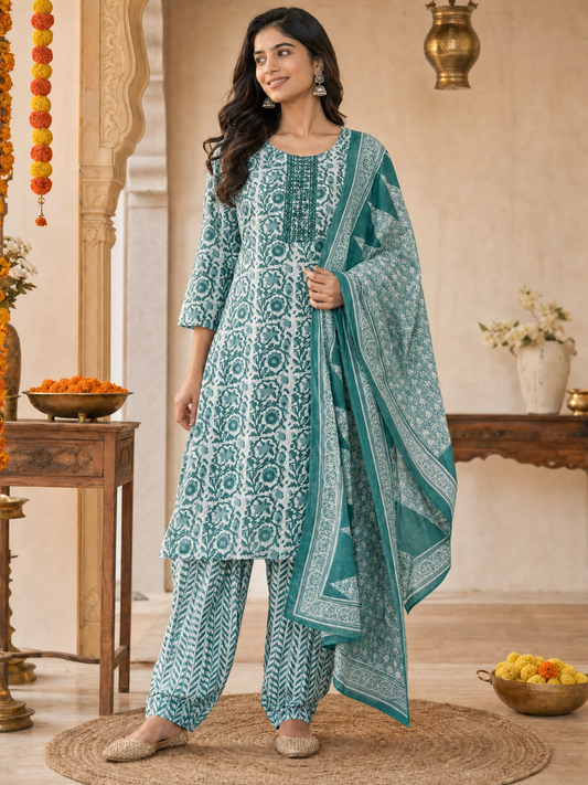 Teal Bloom: Hand-Embroidered Kurta Set with Chevron Trousers