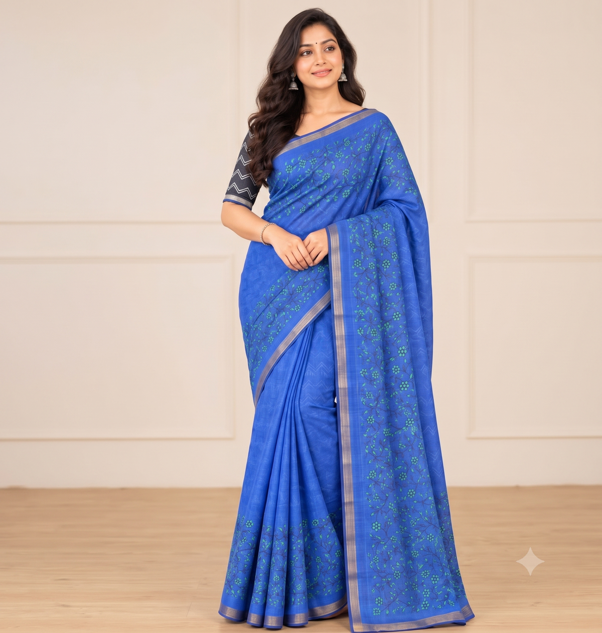 Royal Blue Piping Linen Saree
