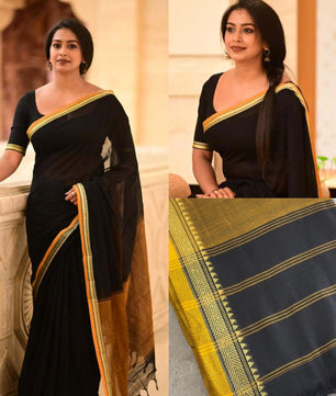 Black in yellow temple border khadi cotton saree