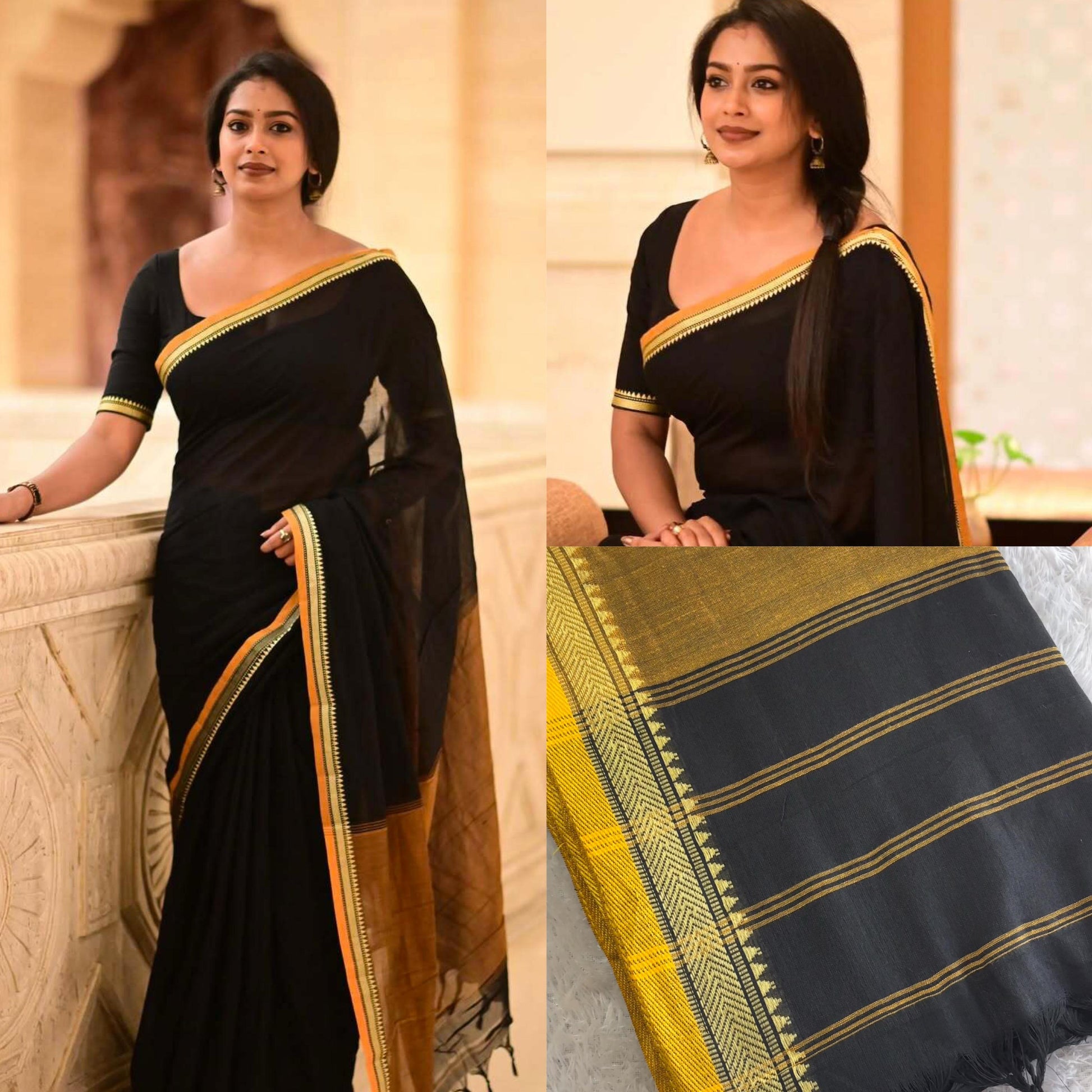 Black in yellow temple border khadi cotton saree