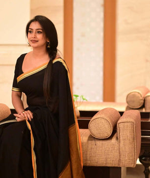 Black in yellow temple border khadi cotton saree