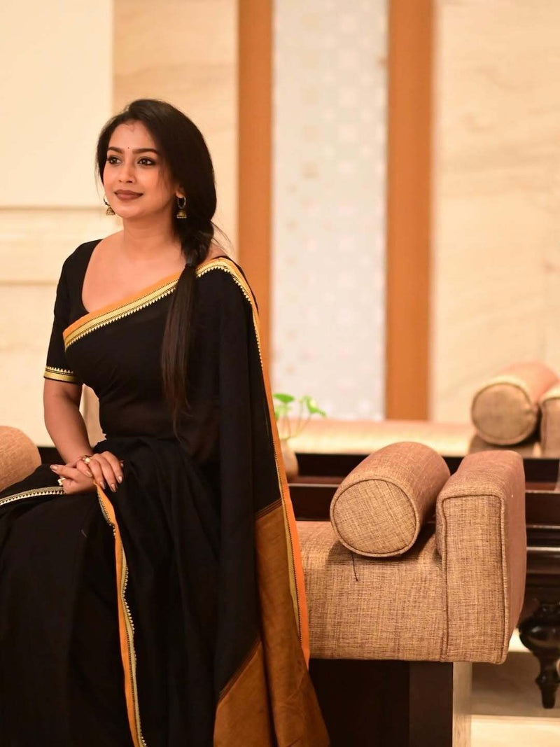 Black in yellow temple border khadi cotton saree