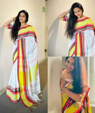 Big Multi Colour border temple weave cotton saree onam collection