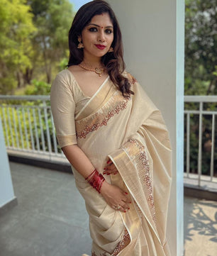 Flower shed golden tissue emroidered saree