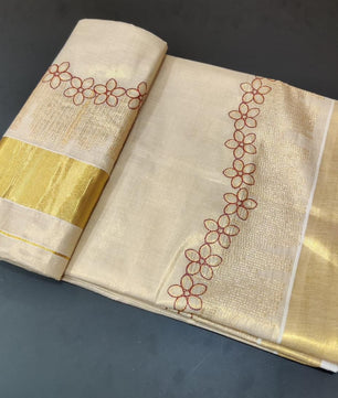 Flower shed golden tissue emroidered saree