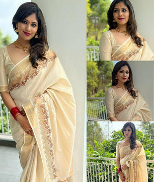 Flower shed golden tissue emroidered saree