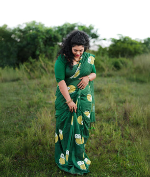 green achan amma malayalam cotton saree with printed blouse