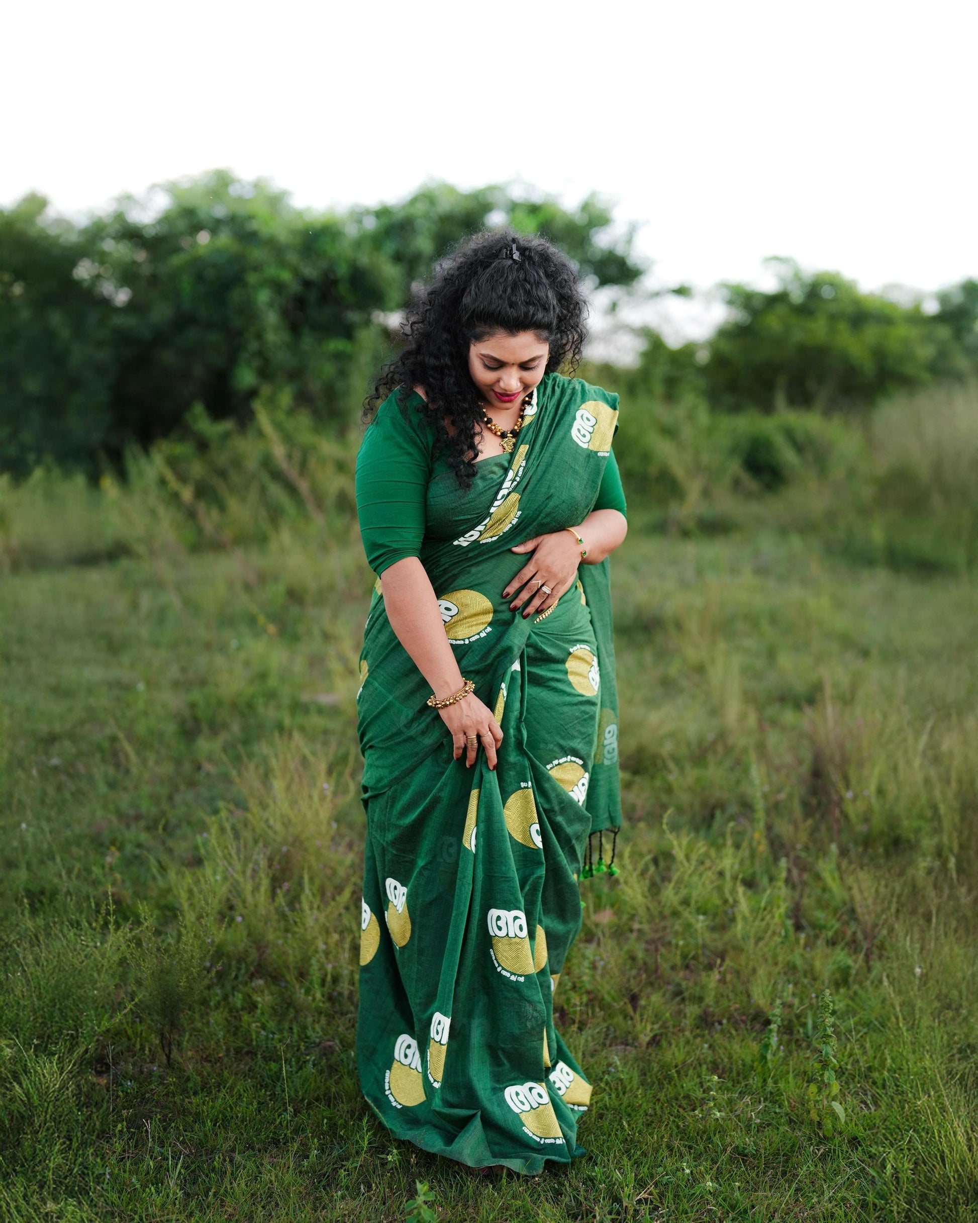 green achan amma malayalam cotton saree with printed blouse