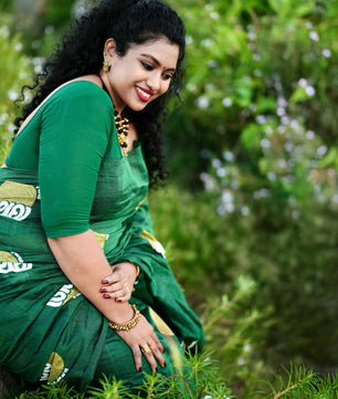 green achan amma malayalam cotton saree with printed blouse