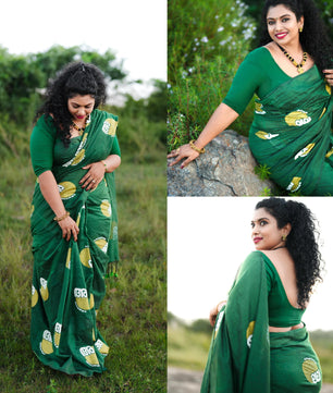 green achan amma malayalam cotton saree with printed blouse