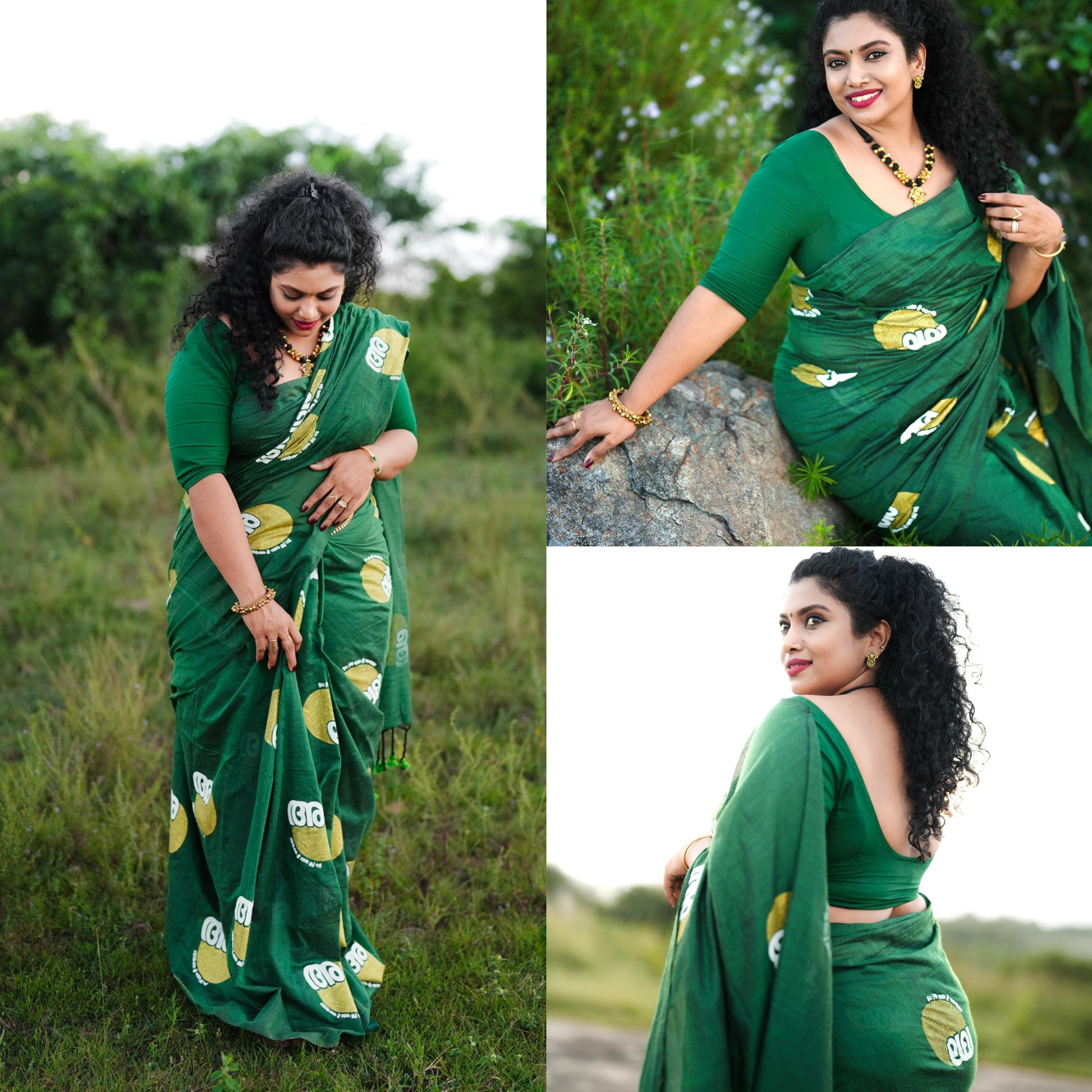 green achan amma malayalam cotton saree with printed blouse