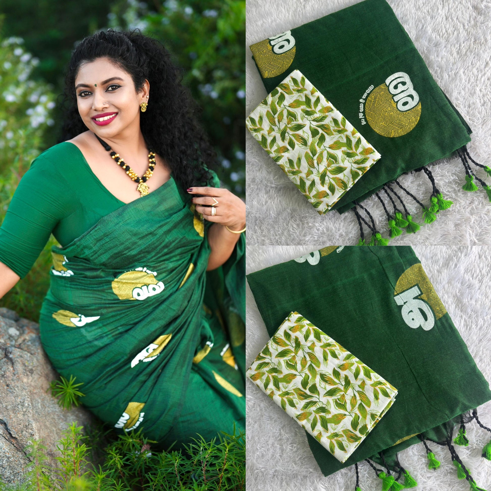 green achan amma malayalam cotton saree with printed blouse
