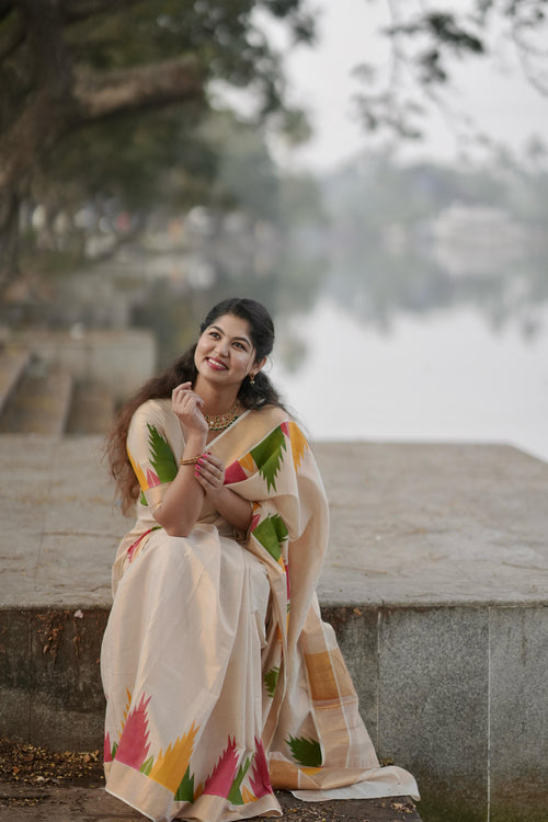 Gopuram multi colour temple golden tissue saree