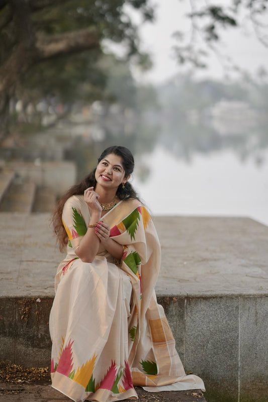 Gopuram multi colour temple golden tissue saree