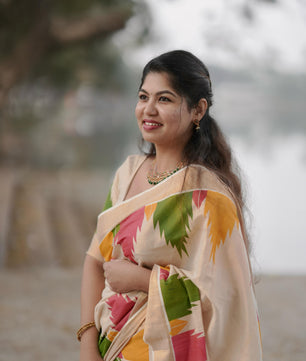 Gopuram multi colour temple golden tissue saree