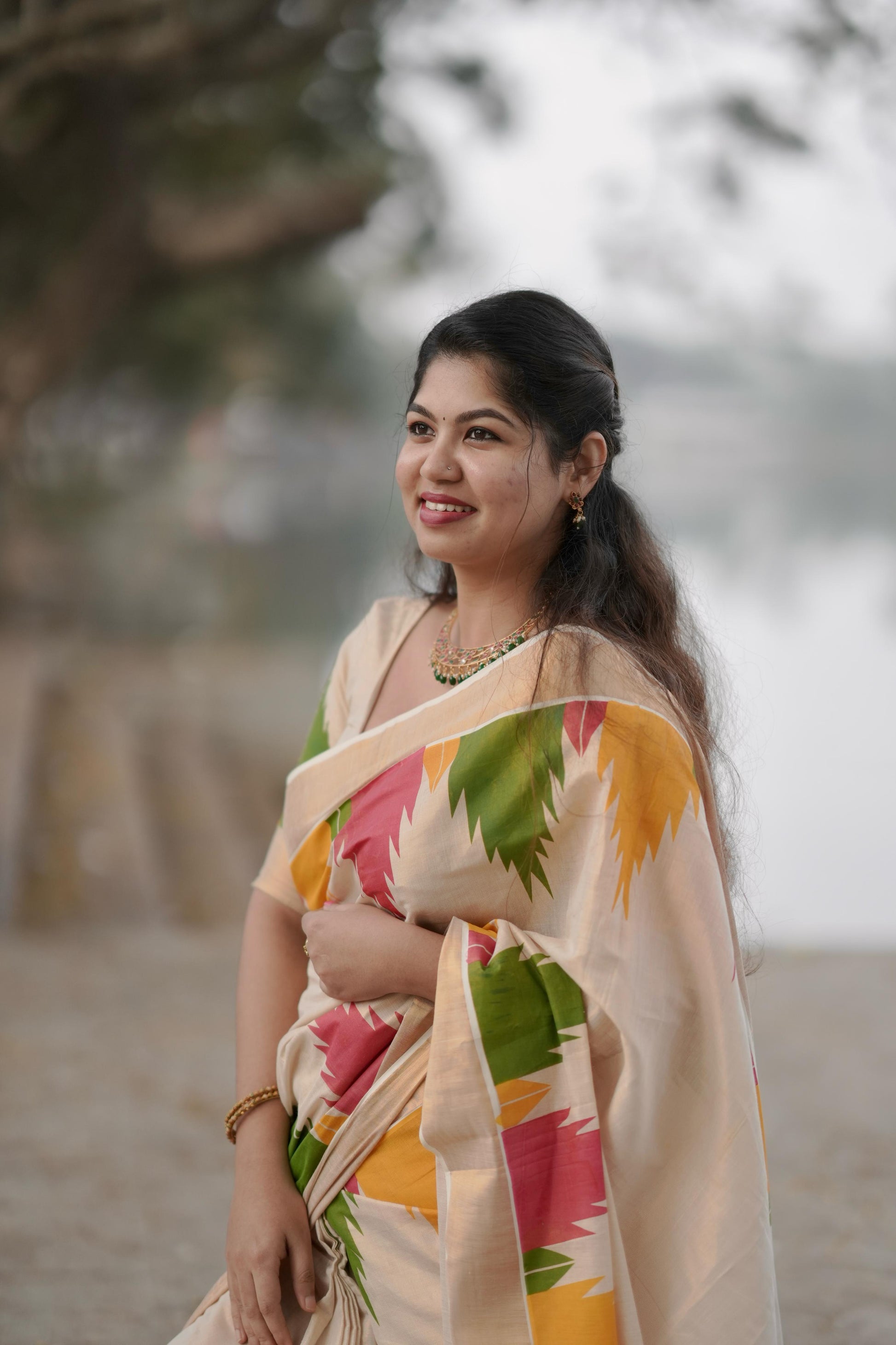 Gopuram multi colour temple golden tissue saree