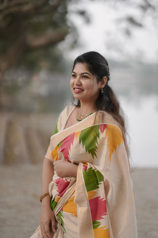 Gopuram multi colour temple golden tissue saree