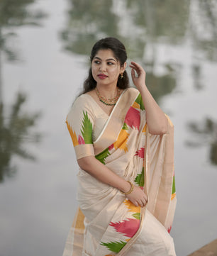 Gopuram multi colour temple golden tissue saree