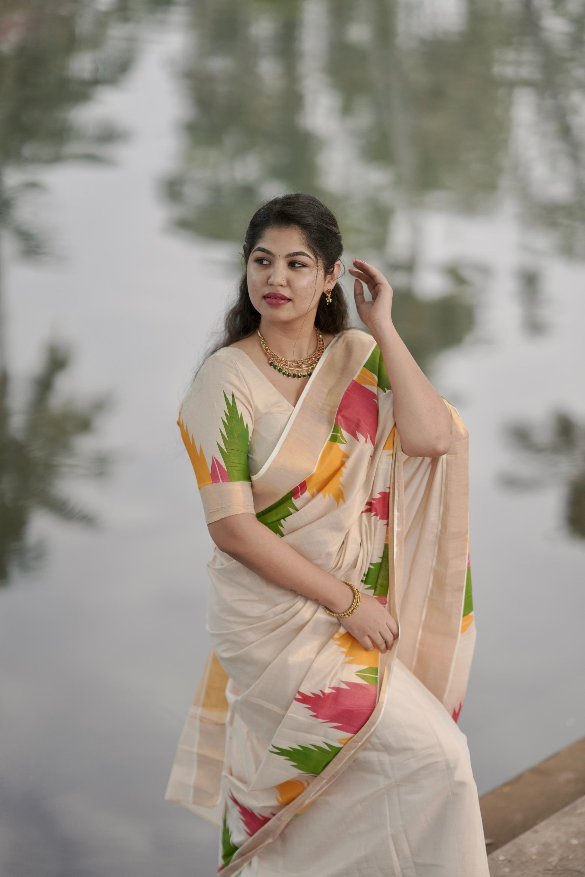 Gopuram multi colour temple golden tissue saree