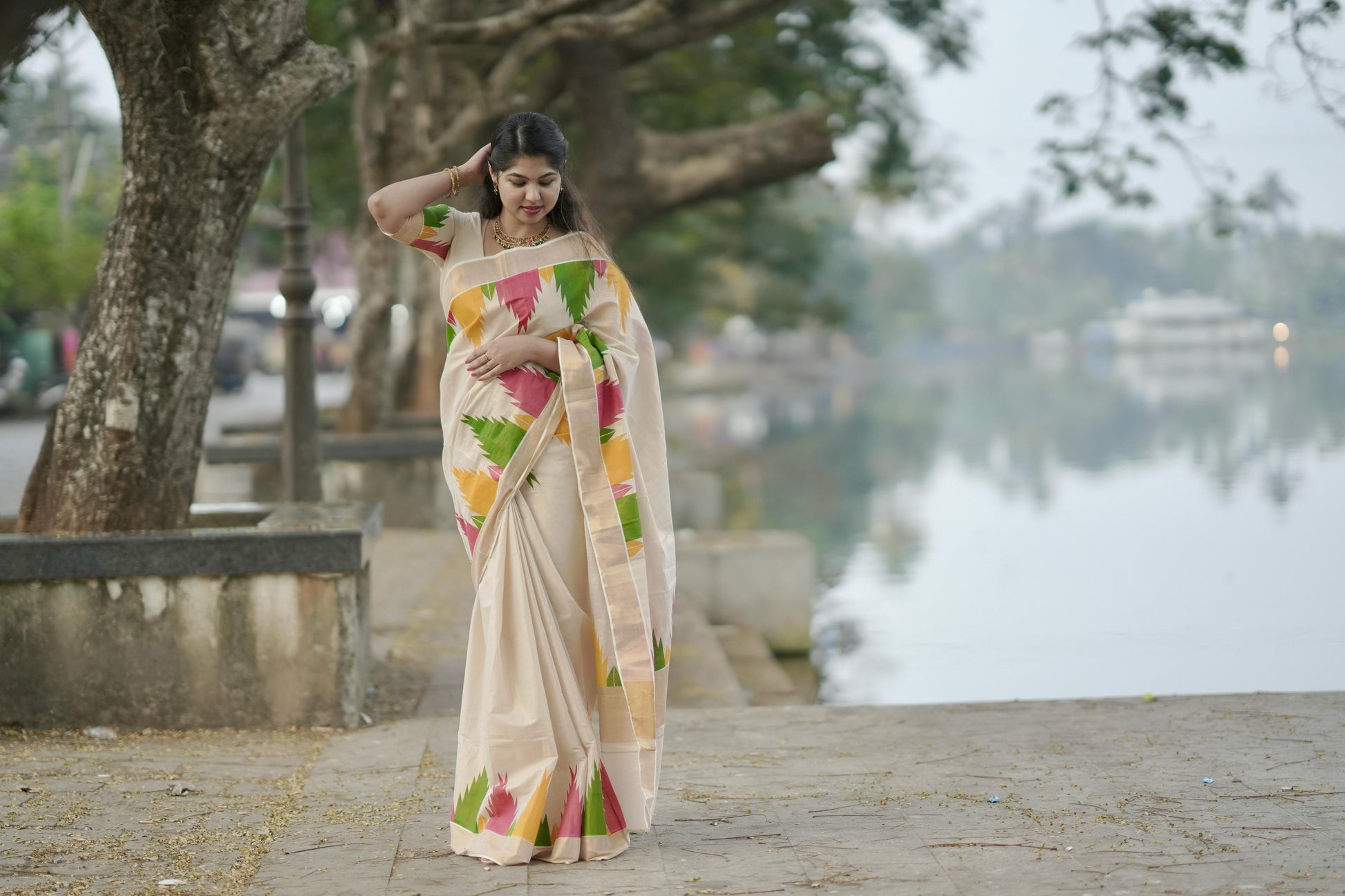 Gopuram multi colour temple golden tissue saree