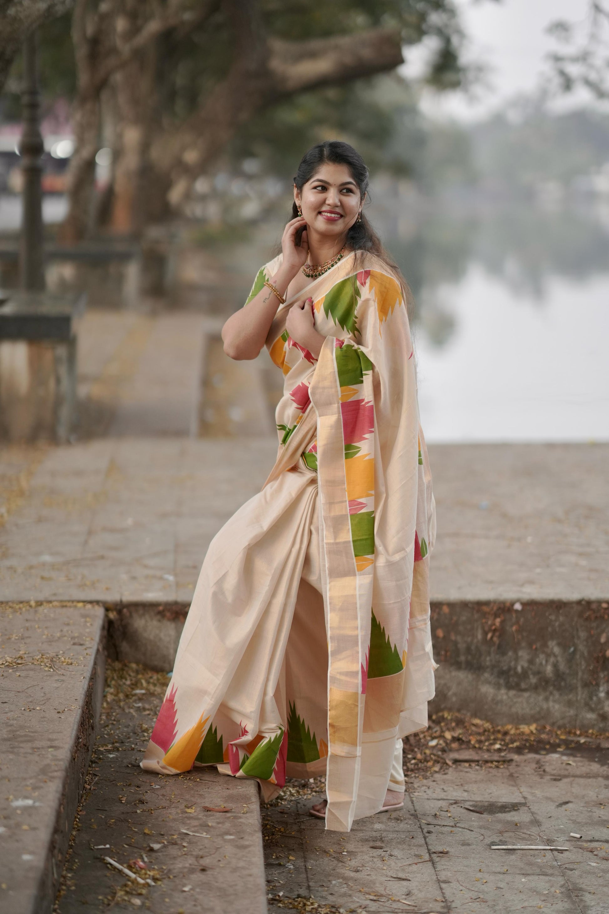 Gopuram multi colour temple golden tissue saree