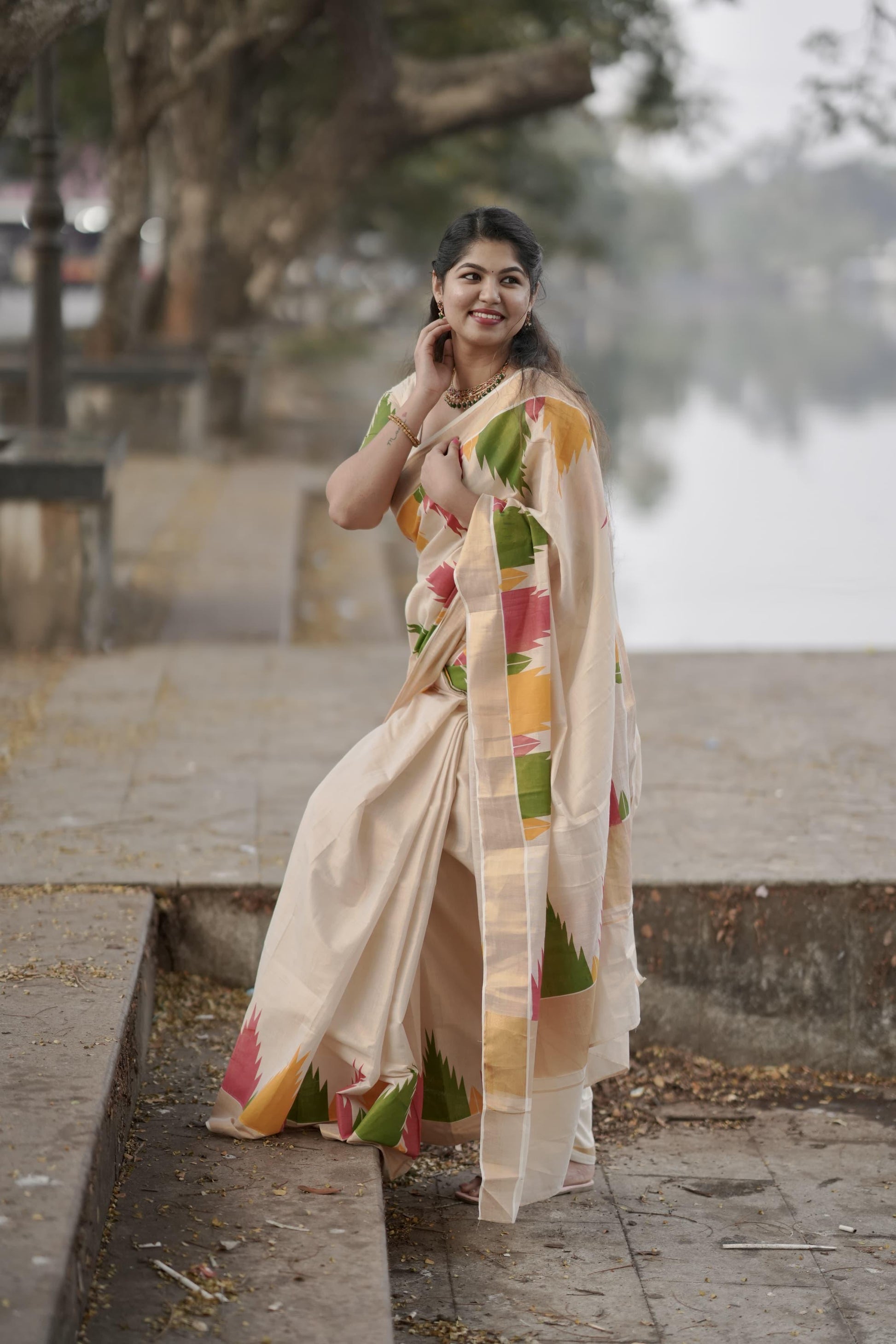 Gopuram multi colour temple golden tissue saree