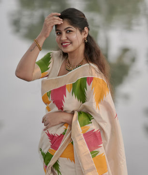 Gopuram multi colour temple golden tissue saree