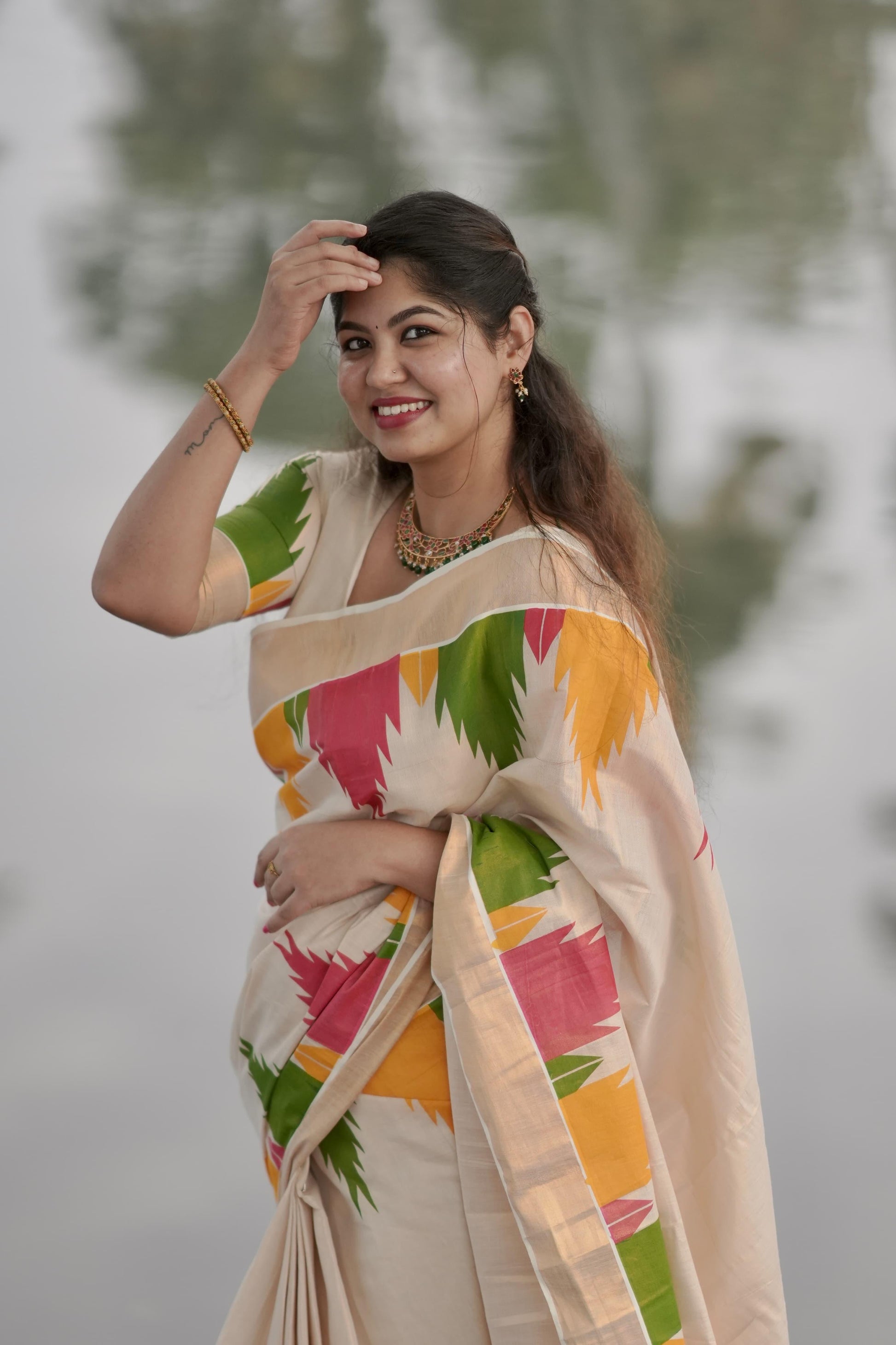 Gopuram multi colour temple golden tissue saree