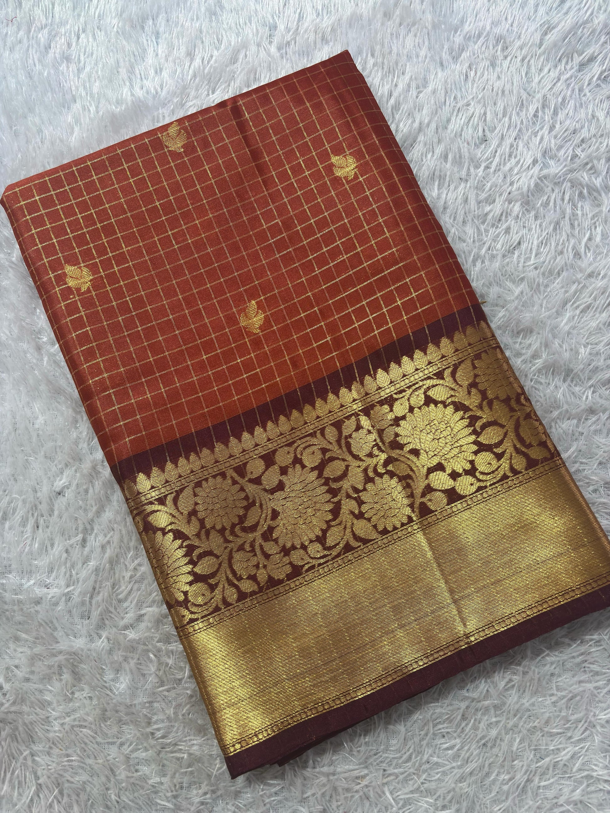 Rust Orange Micro jari checks saree