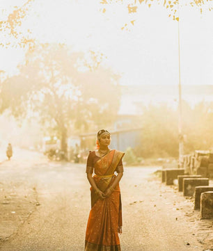 Rust Orange Micro jari checks saree