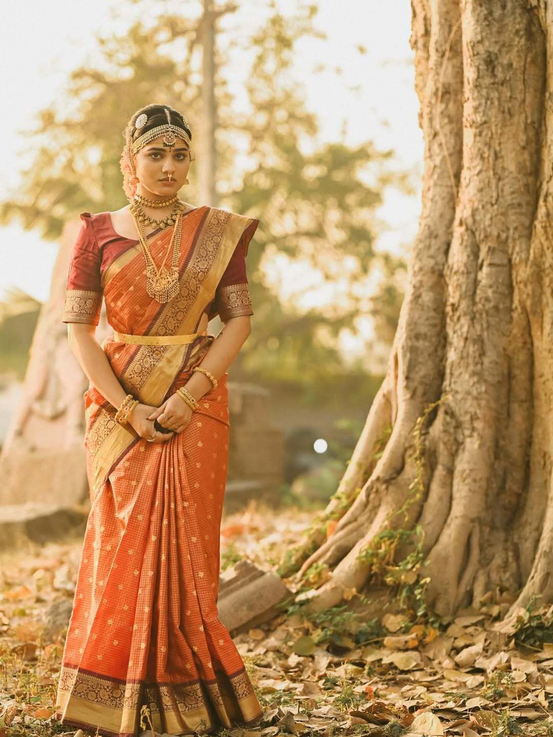 Rust Orange Micro jari checks saree