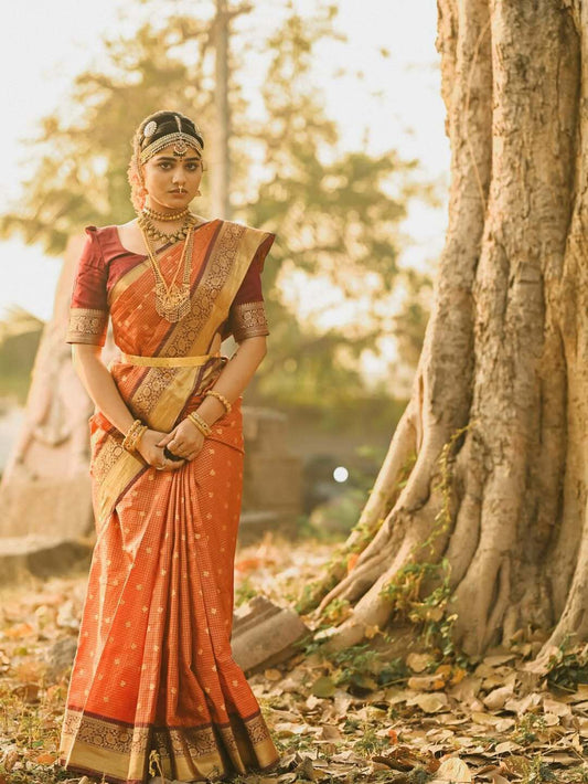 Rust Orange Micro jari checks saree