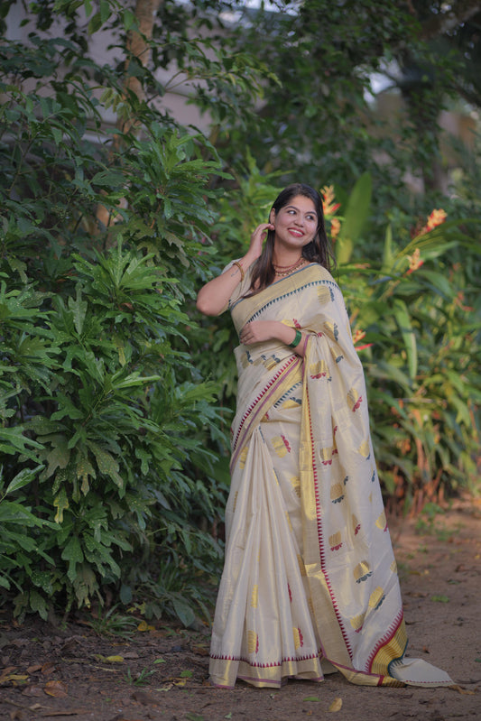 Lotus weave golden tissue saree