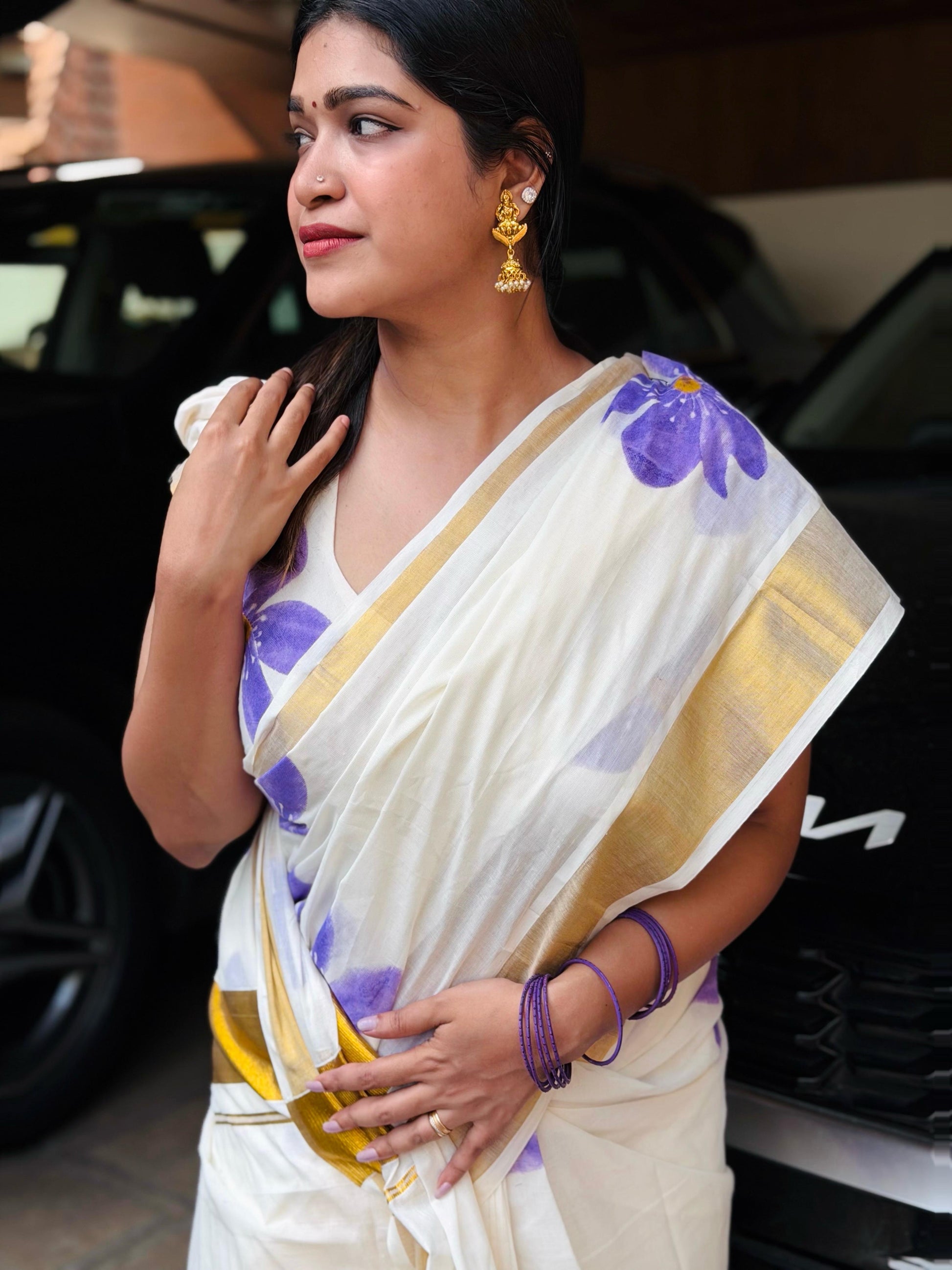 Neelakurunji Floral printed cotton saree