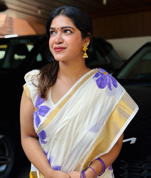 Neelakurunji Floral printed cotton saree