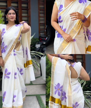 Neelakurunji Floral printed cotton saree