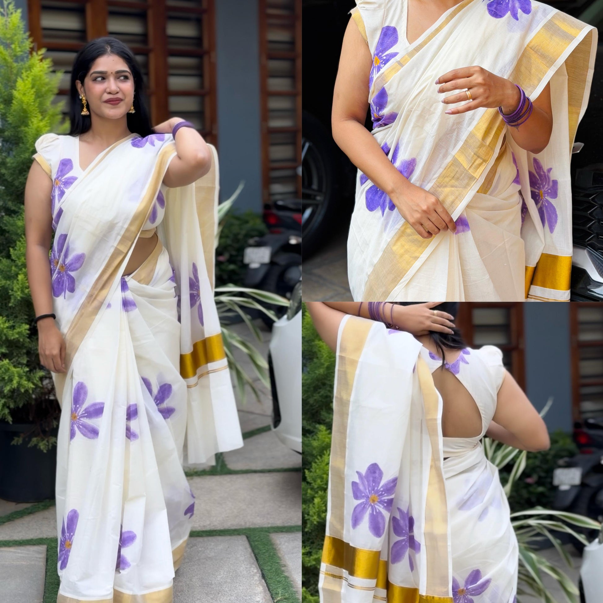 Neelakurunji Floral printed cotton saree
