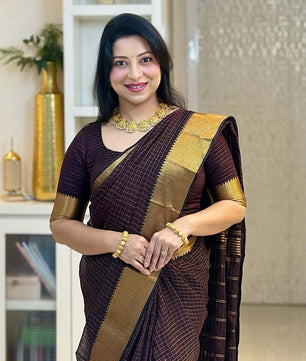 Akira Chocolate brown golden checks saree