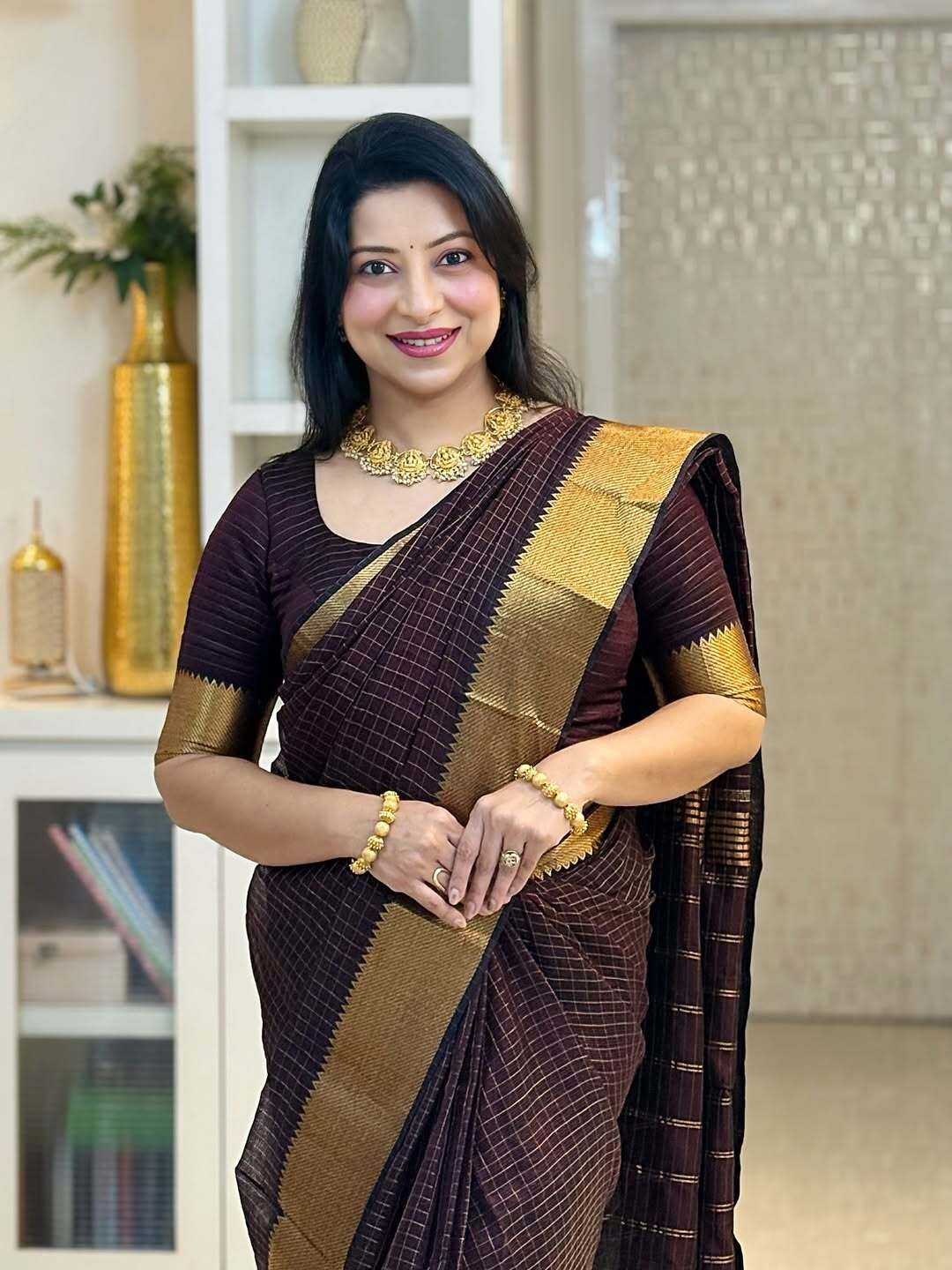 Akira Chocolate brown golden checks saree