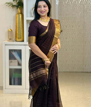 Akira Chocolate brown golden checks saree