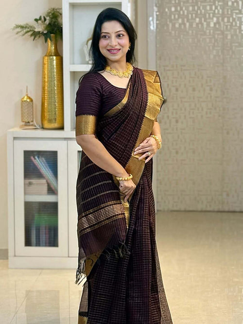 Akira Chocolate brown golden checks saree