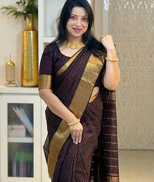 Akira Chocolate brown golden checks saree