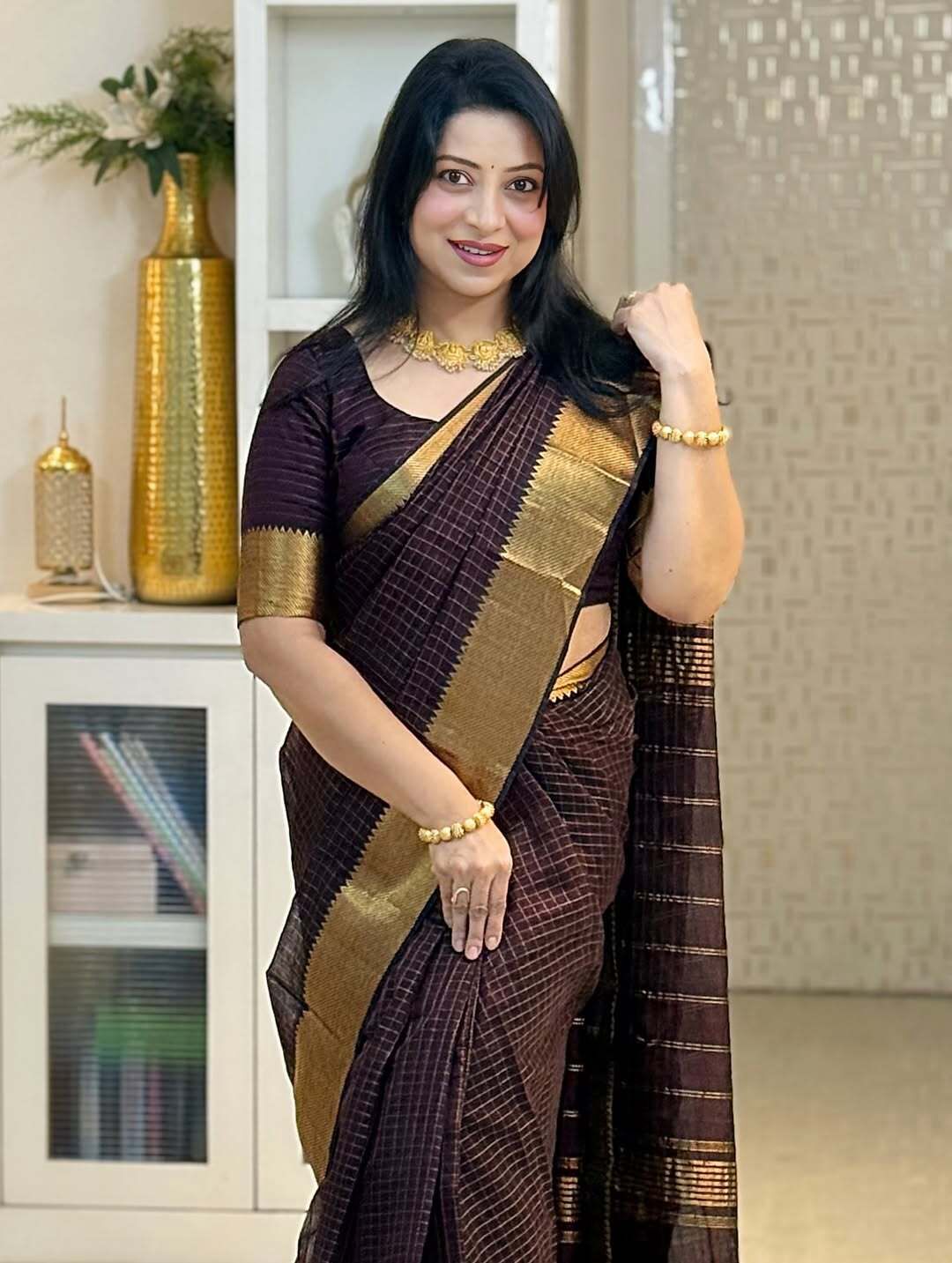 Akira Chocolate brown golden checks saree