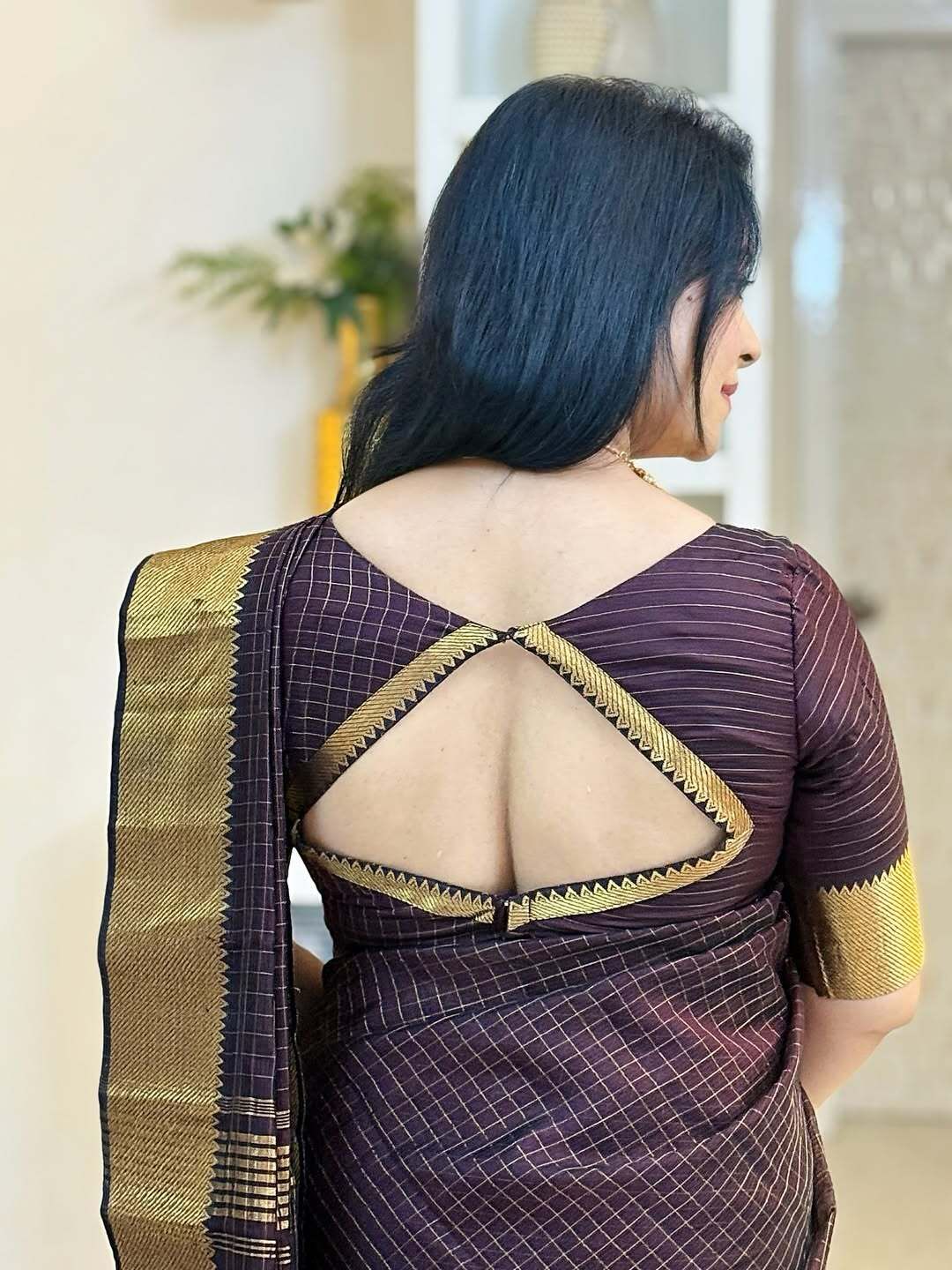 Akira Chocolate brown golden checks saree