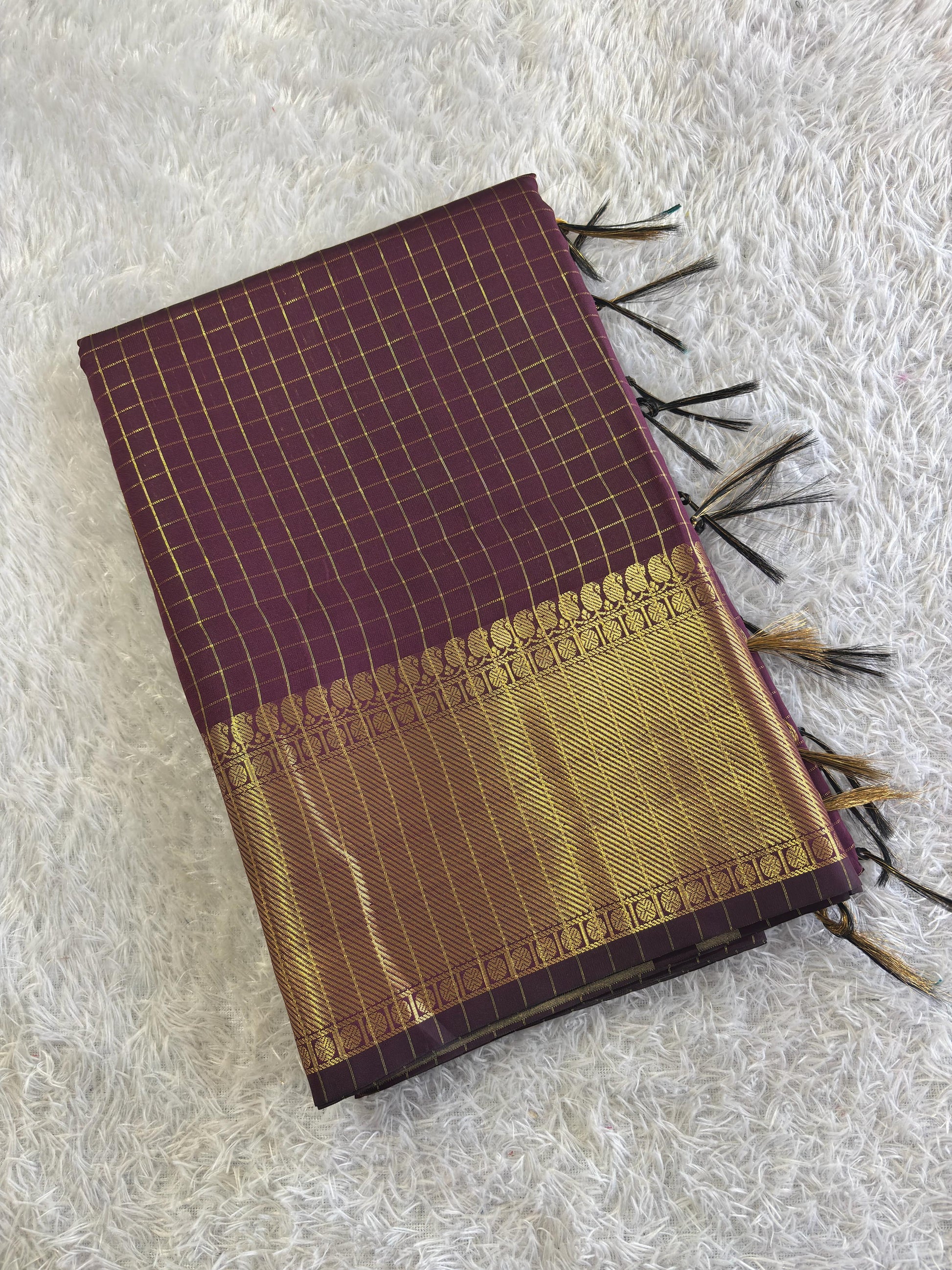 Akira Chocolate brown golden checks saree