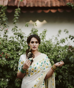 Yellow flower embroidery cotton saree