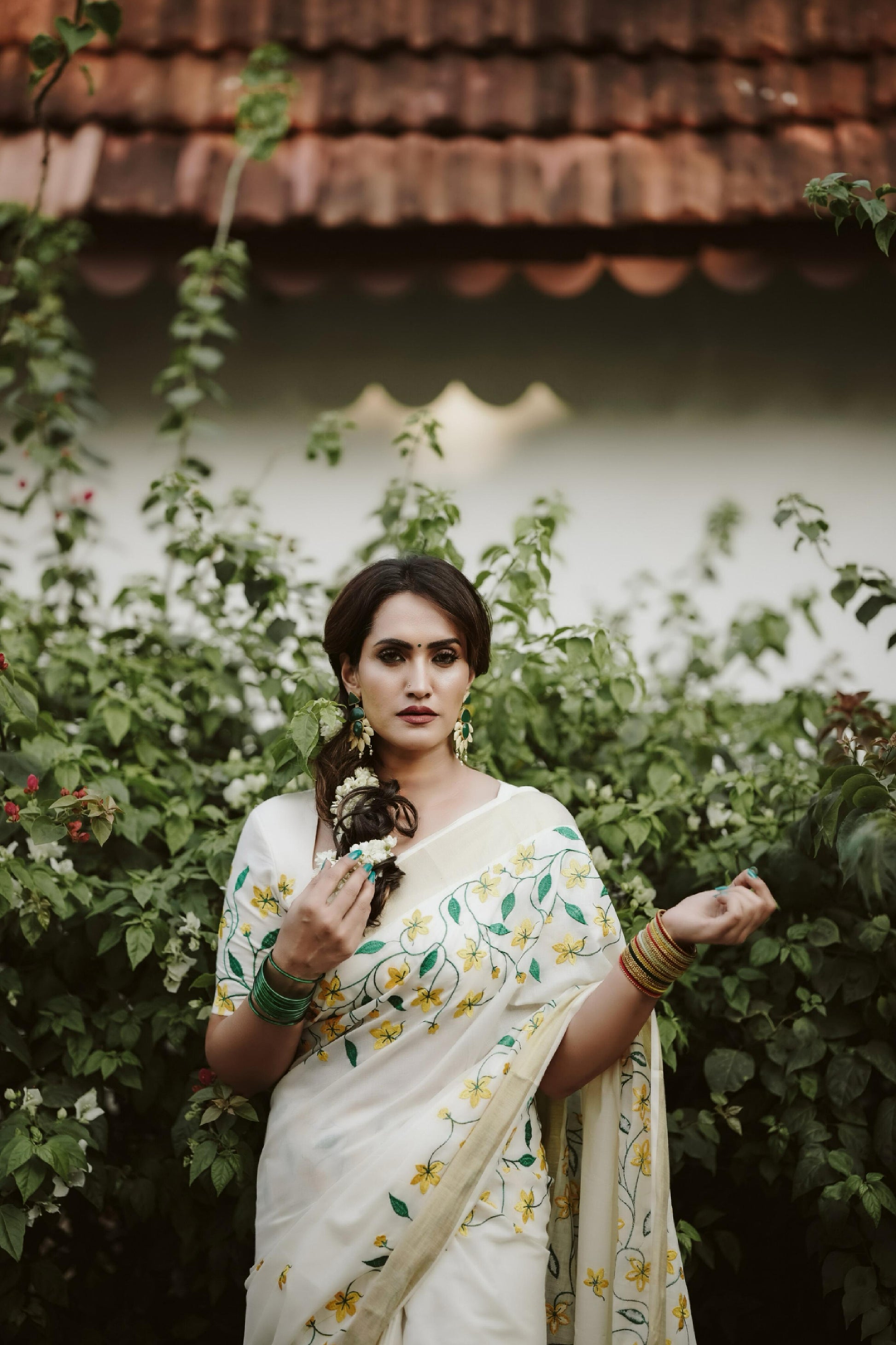 Yellow flower embroidery cotton saree