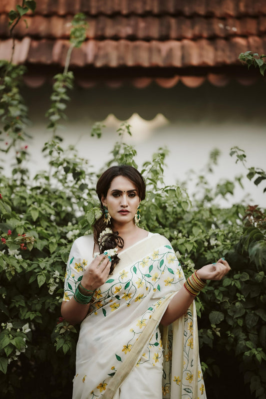 Yellow flower embroidery cotton saree